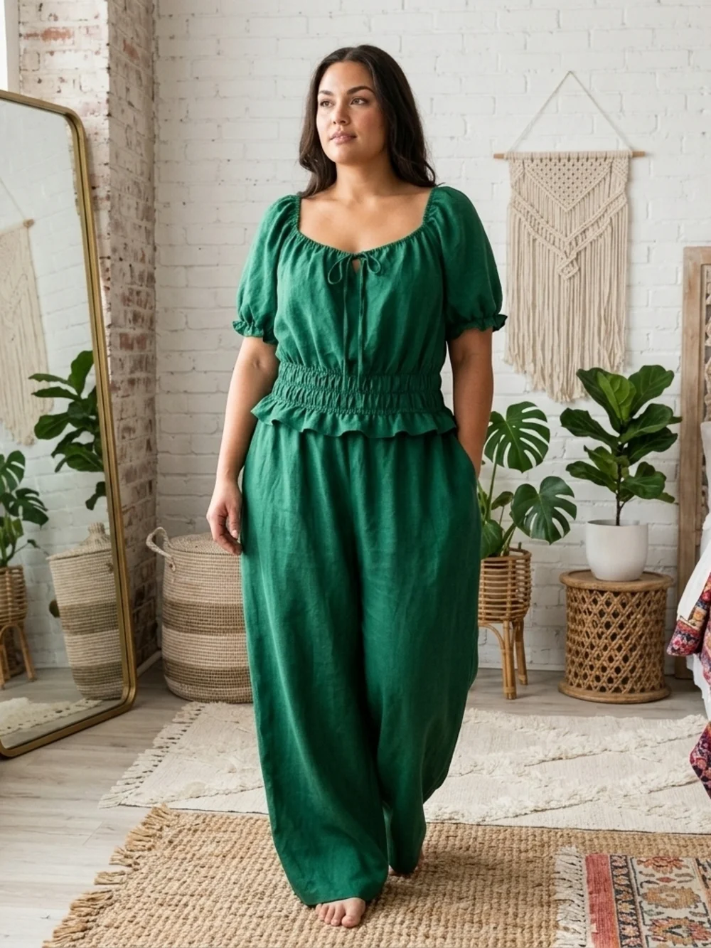 Liberty Love Emerald Green Puff-Sleeve Jumpsuit - Picture 1 of 4